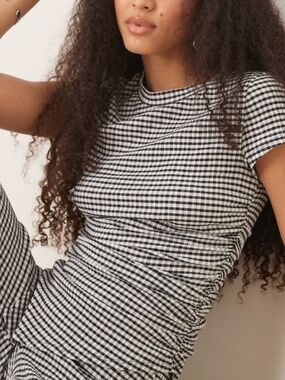 ASOS DESIGN ruched sides asymmetric t-shirt in gingham